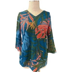 Chico's Tunic Top Womens Size 0 Teal Tropical Toss Burnout 3/4 Sleeve V Neck